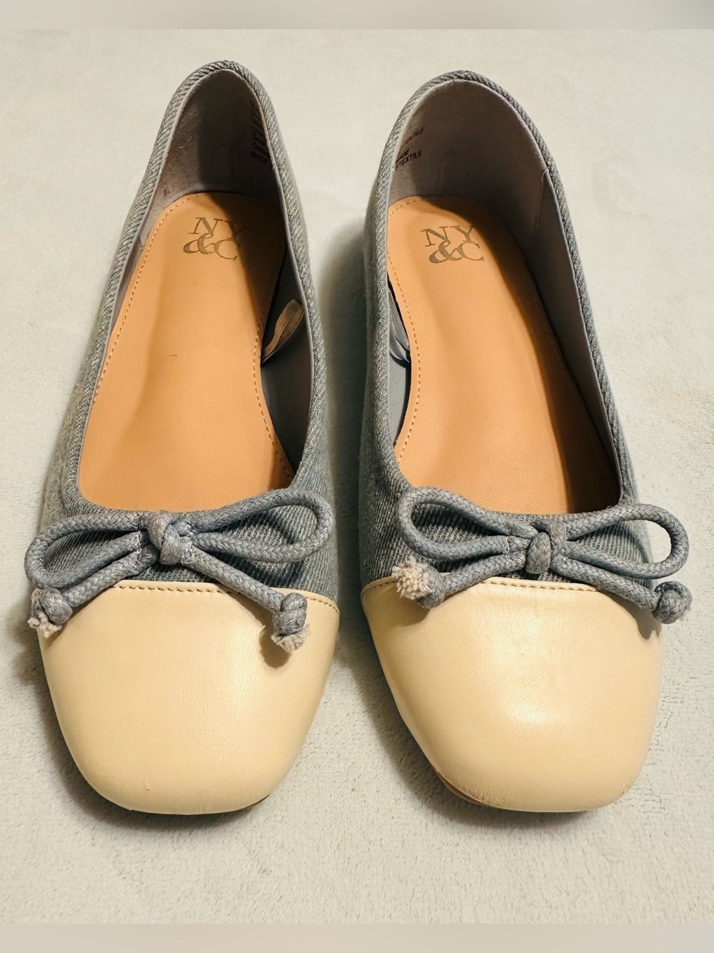 NY&C Light Blue Denim and White Ballet Flats with Bow - 6.5